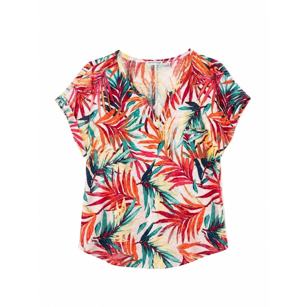Notations Woman Plus Size 2X Tropical Leaf Print V-Neck Blouse Top